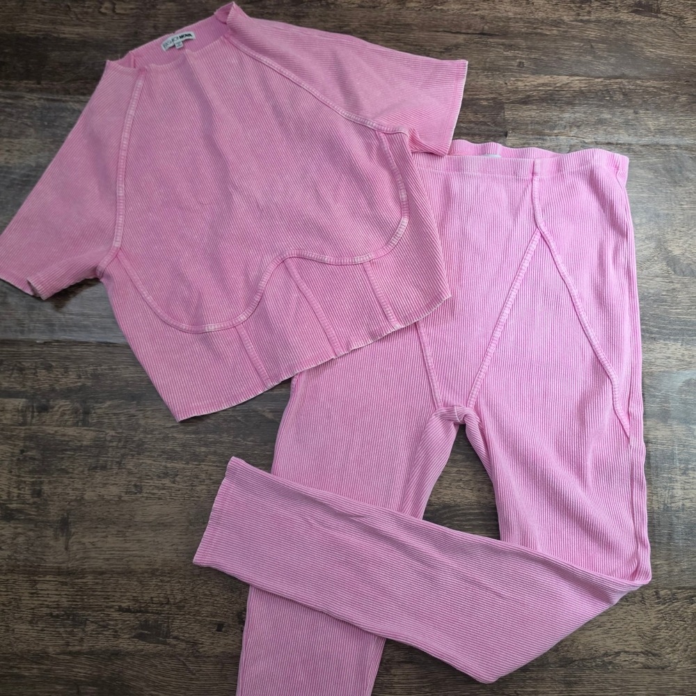 FASHION NOVA 2 Piece Set Women XS Pink Ribbed Acid Wash Crop Top Leggings